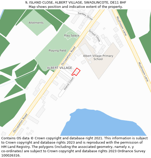 9, ISLAND CLOSE, ALBERT VILLAGE, SWADLINCOTE, DE11 8HF: Location map and indicative extent of plot