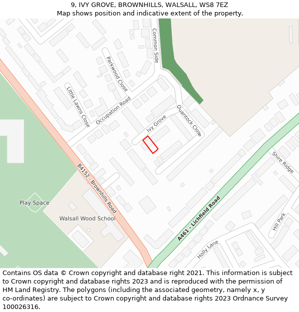 9, IVY GROVE, BROWNHILLS, WALSALL, WS8 7EZ: Location map and indicative extent of plot