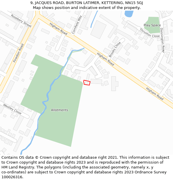 9, JACQUES ROAD, BURTON LATIMER, KETTERING, NN15 5GJ: Location map and indicative extent of plot