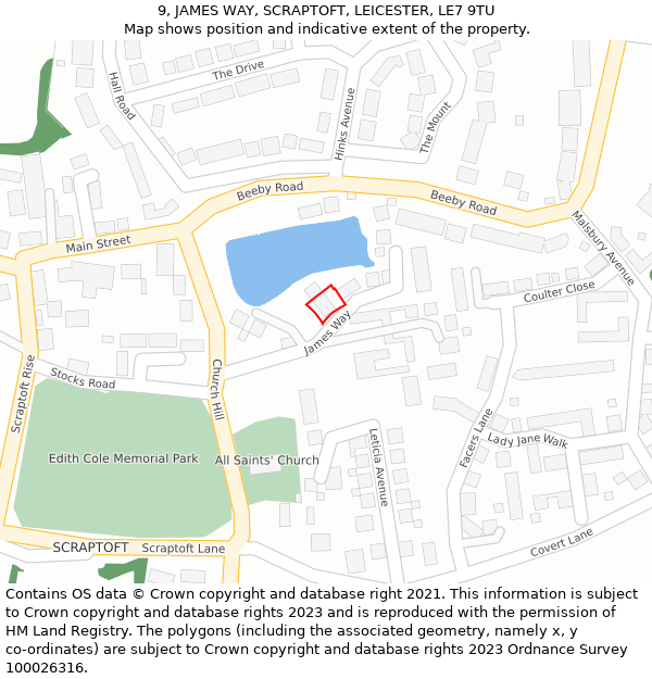 9, JAMES WAY, SCRAPTOFT, LEICESTER, LE7 9TU: Location map and indicative extent of plot