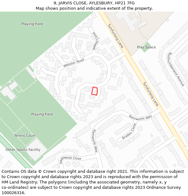 9, JARVIS CLOSE, AYLESBURY, HP21 7FG: Location map and indicative extent of plot