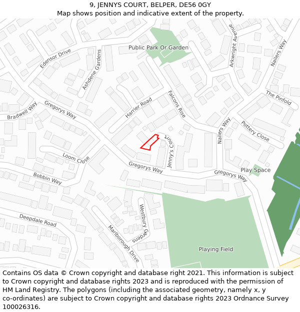 9, JENNYS COURT, BELPER, DE56 0GY: Location map and indicative extent of plot