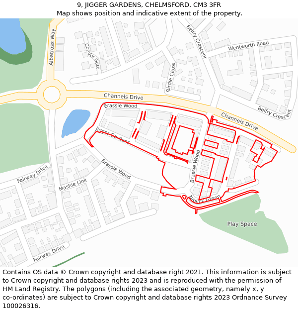 9, JIGGER GARDENS, CHELMSFORD, CM3 3FR: Location map and indicative extent of plot