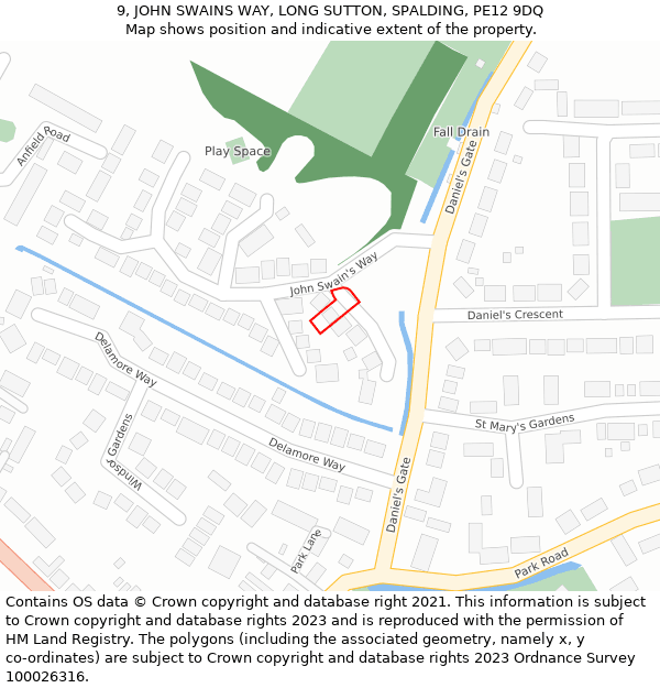 9, JOHN SWAINS WAY, LONG SUTTON, SPALDING, PE12 9DQ: Location map and indicative extent of plot