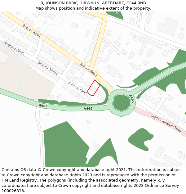 9, JOHNSON PARK, HIRWAUN, ABERDARE, CF44 9NB: Location map and indicative extent of plot