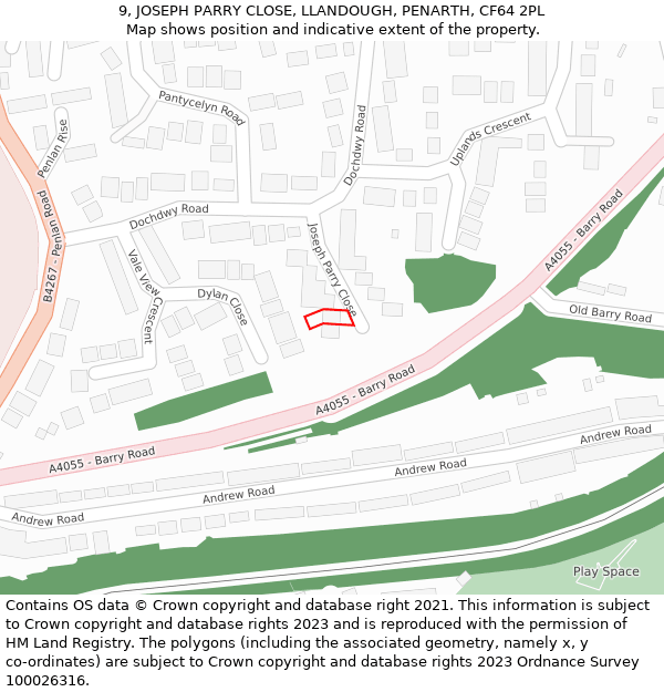 9, JOSEPH PARRY CLOSE, LLANDOUGH, PENARTH, CF64 2PL: Location map and indicative extent of plot