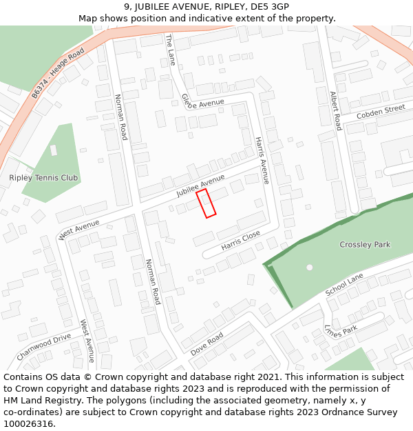 9, JUBILEE AVENUE, RIPLEY, DE5 3GP: Location map and indicative extent of plot