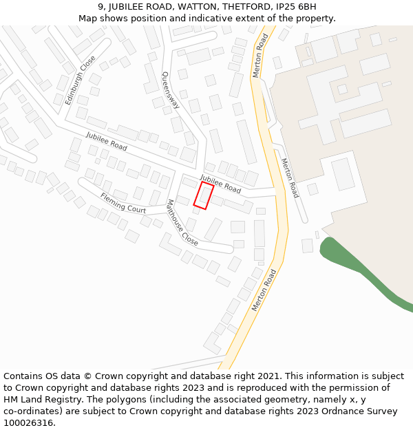 9, JUBILEE ROAD, WATTON, THETFORD, IP25 6BH: Location map and indicative extent of plot