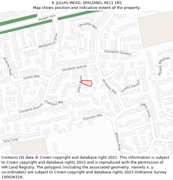 9, JULIAS MEAD, SPALDING, PE11 1RS: Location map and indicative extent of plot