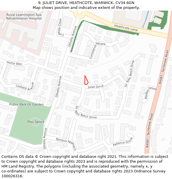 9, JULIET DRIVE, HEATHCOTE, WARWICK, CV34 6GN: Location map and indicative extent of plot