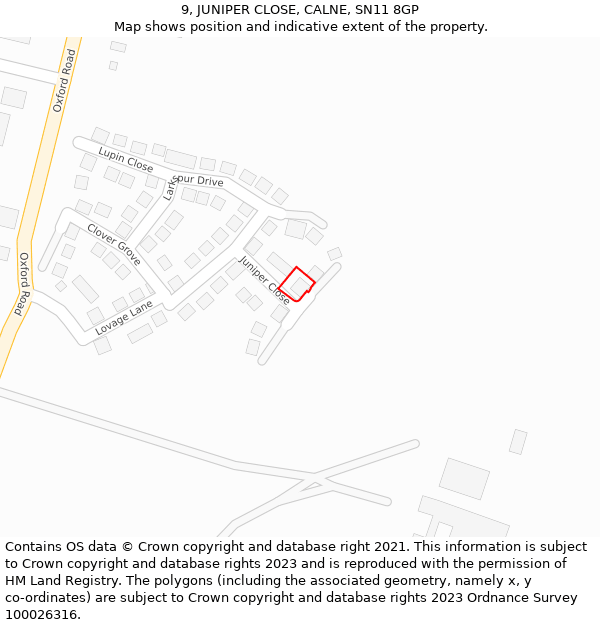 9, JUNIPER CLOSE, CALNE, SN11 8GP: Location map and indicative extent of plot