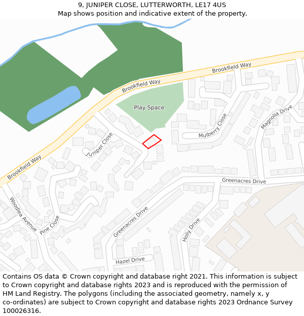 9, JUNIPER CLOSE, LUTTERWORTH, LE17 4US: Location map and indicative extent of plot