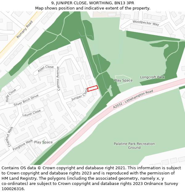 9, JUNIPER CLOSE, WORTHING, BN13 3PR: Location map and indicative extent of plot