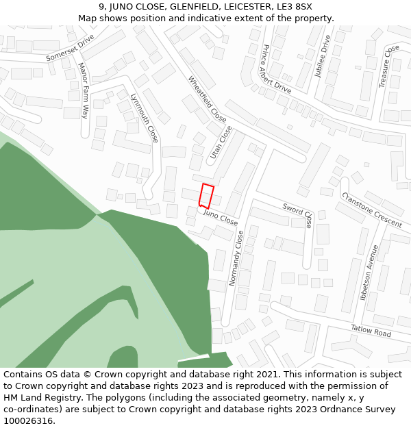 9, JUNO CLOSE, GLENFIELD, LEICESTER, LE3 8SX: Location map and indicative extent of plot