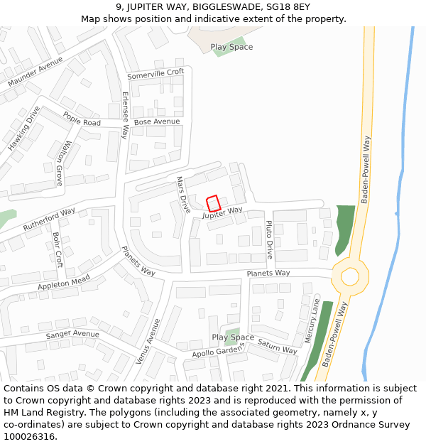 9, JUPITER WAY, BIGGLESWADE, SG18 8EY: Location map and indicative extent of plot