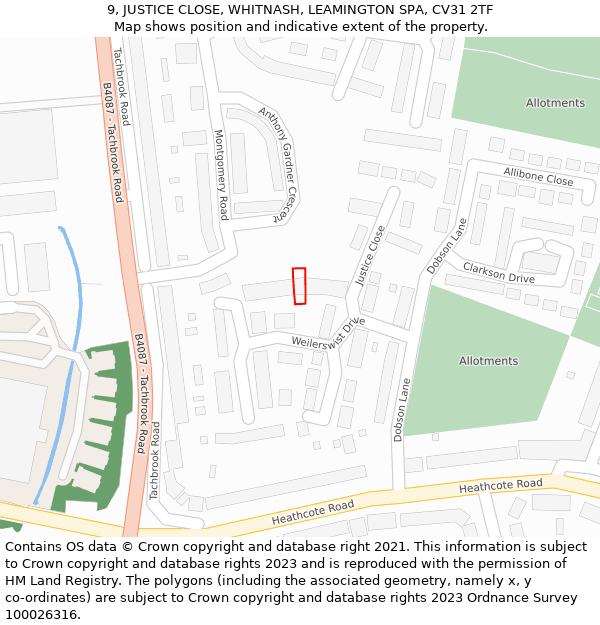 9, JUSTICE CLOSE, WHITNASH, LEAMINGTON SPA, CV31 2TF: Location map and indicative extent of plot