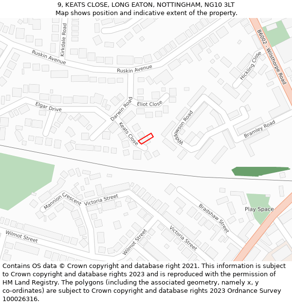 9, KEATS CLOSE, LONG EATON, NOTTINGHAM, NG10 3LT: Location map and indicative extent of plot