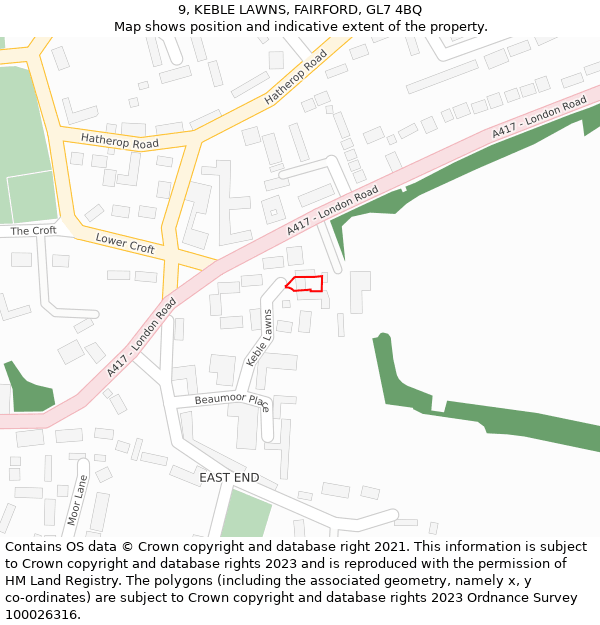 9, KEBLE LAWNS, FAIRFORD, GL7 4BQ: Location map and indicative extent of plot