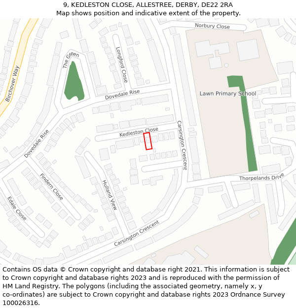 9, KEDLESTON CLOSE, ALLESTREE, DERBY, DE22 2RA: Location map and indicative extent of plot