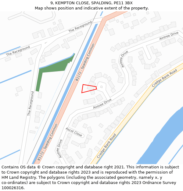 9, KEMPTON CLOSE, SPALDING, PE11 3BX: Location map and indicative extent of plot