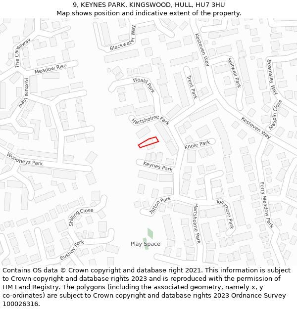 9, KEYNES PARK, KINGSWOOD, HULL, HU7 3HU: Location map and indicative extent of plot