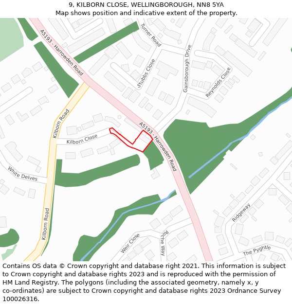 9, KILBORN CLOSE, WELLINGBOROUGH, NN8 5YA: Location map and indicative extent of plot