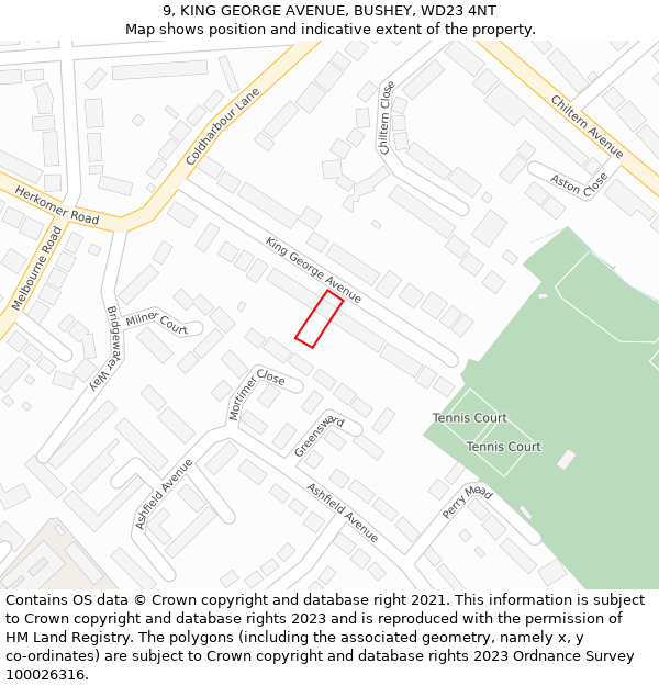 9, KING GEORGE AVENUE, BUSHEY, WD23 4NT: Location map and indicative extent of plot