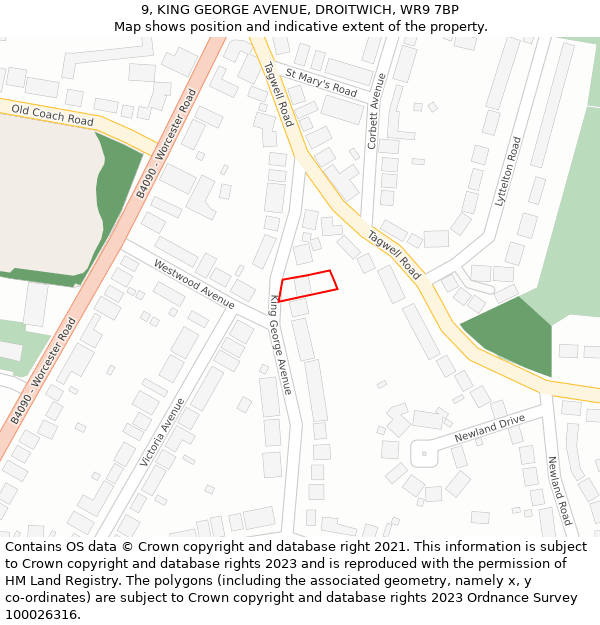 9, KING GEORGE AVENUE, DROITWICH, WR9 7BP: Location map and indicative extent of plot