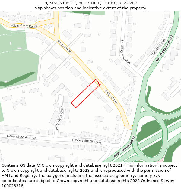 9, KINGS CROFT, ALLESTREE, DERBY, DE22 2FP: Location map and indicative extent of plot