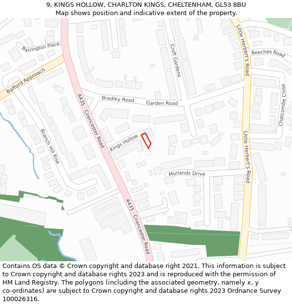 9, KINGS HOLLOW, CHARLTON KINGS, CHELTENHAM, GL53 8BU: Location map and indicative extent of plot