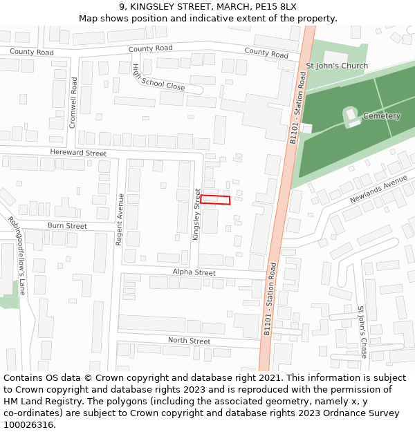 9, KINGSLEY STREET, MARCH, PE15 8LX: Location map and indicative extent of plot