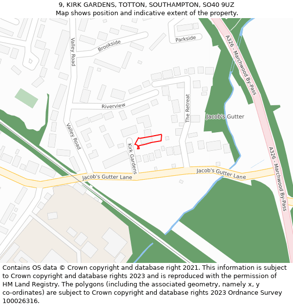 9, KIRK GARDENS, TOTTON, SOUTHAMPTON, SO40 9UZ: Location map and indicative extent of plot