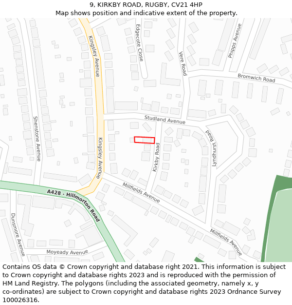 9, KIRKBY ROAD, RUGBY, CV21 4HP: Location map and indicative extent of plot