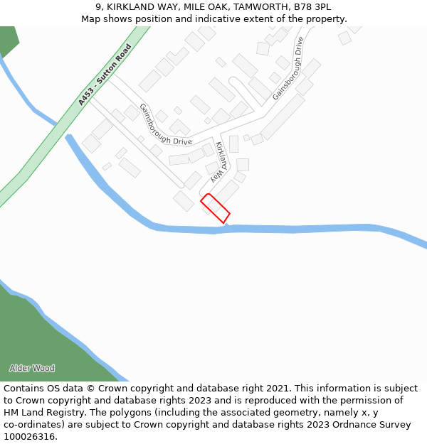 9, KIRKLAND WAY, MILE OAK, TAMWORTH, B78 3PL: Location map and indicative extent of plot
