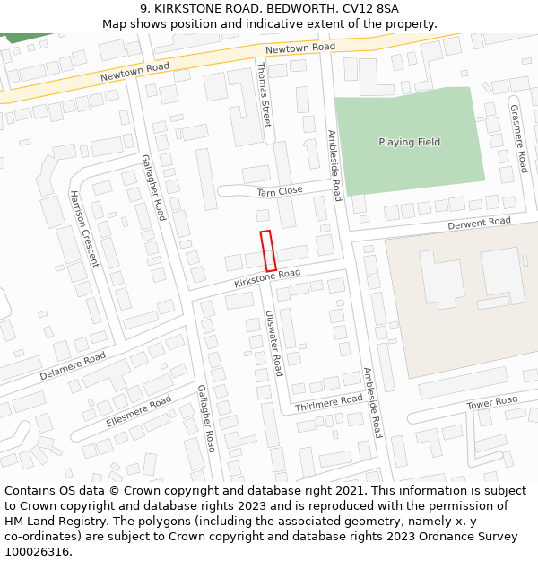 9, KIRKSTONE ROAD, BEDWORTH, CV12 8SA: Location map and indicative extent of plot