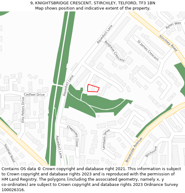 9, KNIGHTSBRIDGE CRESCENT, STIRCHLEY, TELFORD, TF3 1BN: Location map and indicative extent of plot
