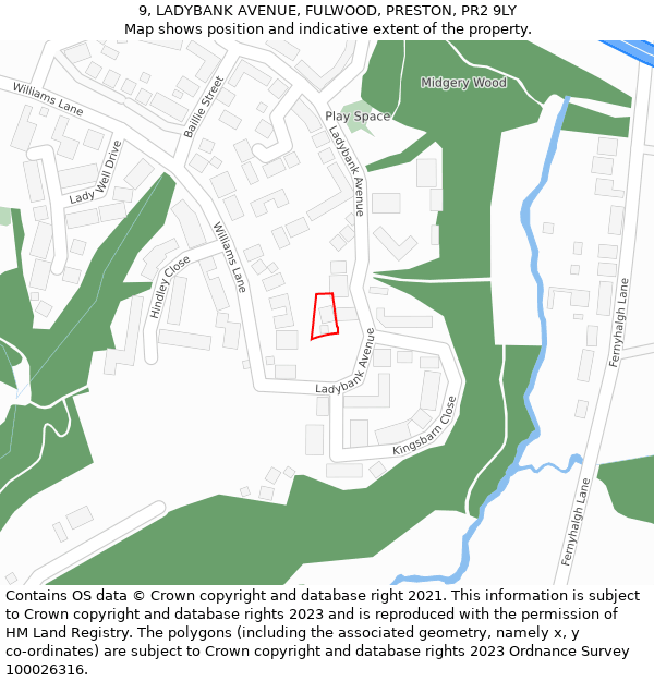 9, LADYBANK AVENUE, FULWOOD, PRESTON, PR2 9LY: Location map and indicative extent of plot