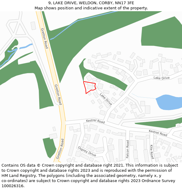 9, LAKE DRIVE, WELDON, CORBY, NN17 3FE: Location map and indicative extent of plot