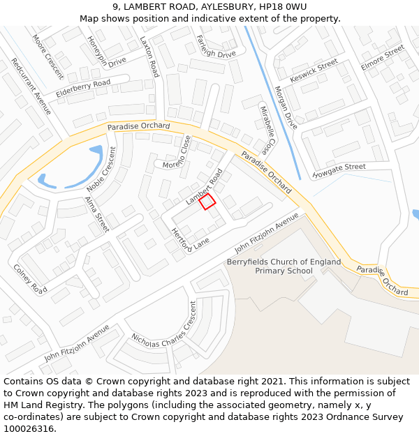 9, LAMBERT ROAD, AYLESBURY, HP18 0WU: Location map and indicative extent of plot