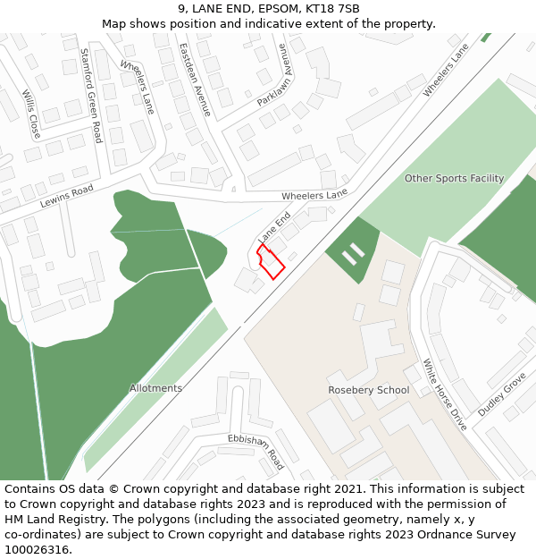 9, LANE END, EPSOM, KT18 7SB: Location map and indicative extent of plot