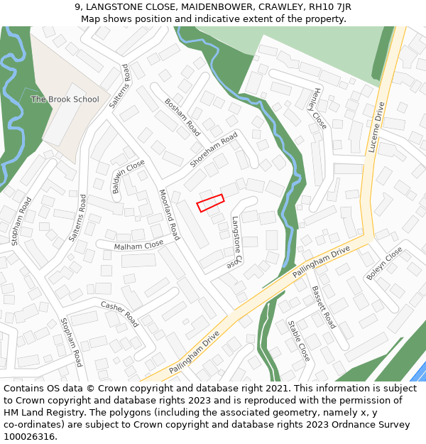 9, LANGSTONE CLOSE, MAIDENBOWER, CRAWLEY, RH10 7JR: Location map and indicative extent of plot