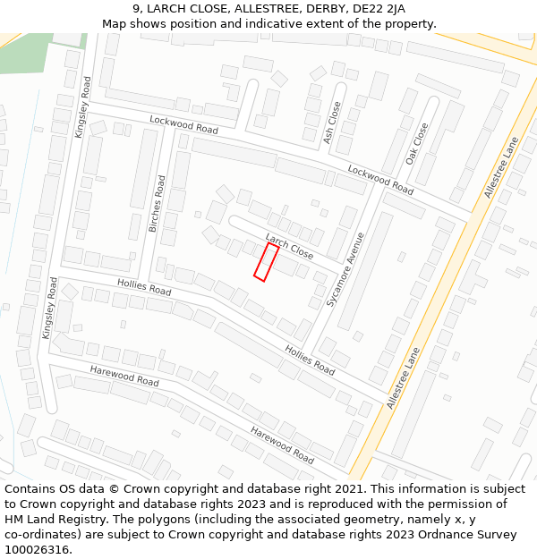 9, LARCH CLOSE, ALLESTREE, DERBY, DE22 2JA: Location map and indicative extent of plot