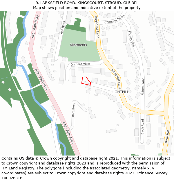 9, LARKSFIELD ROAD, KINGSCOURT, STROUD, GL5 3PL: Location map and indicative extent of plot