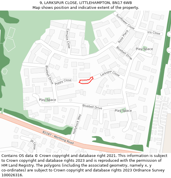 9, LARKSPUR CLOSE, LITTLEHAMPTON, BN17 6WB: Location map and indicative extent of plot