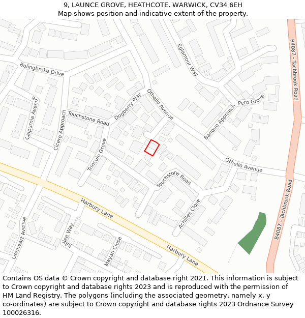 9, LAUNCE GROVE, HEATHCOTE, WARWICK, CV34 6EH: Location map and indicative extent of plot