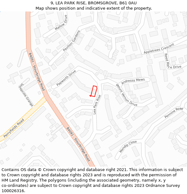 9, LEA PARK RISE, BROMSGROVE, B61 0AU: Location map and indicative extent of plot