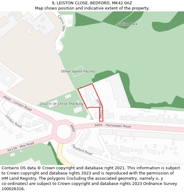 9, LEISTON CLOSE, BEDFORD, MK42 0AZ: Location map and indicative extent of plot