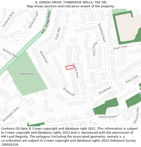 9, LENEDA DRIVE, TUNBRIDGE WELLS, TN2 5RJ: Location map and indicative extent of plot