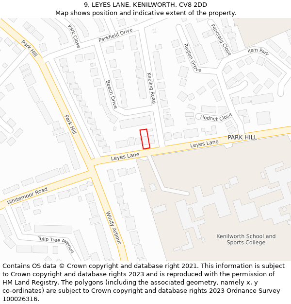 9, LEYES LANE, KENILWORTH, CV8 2DD: Location map and indicative extent of plot