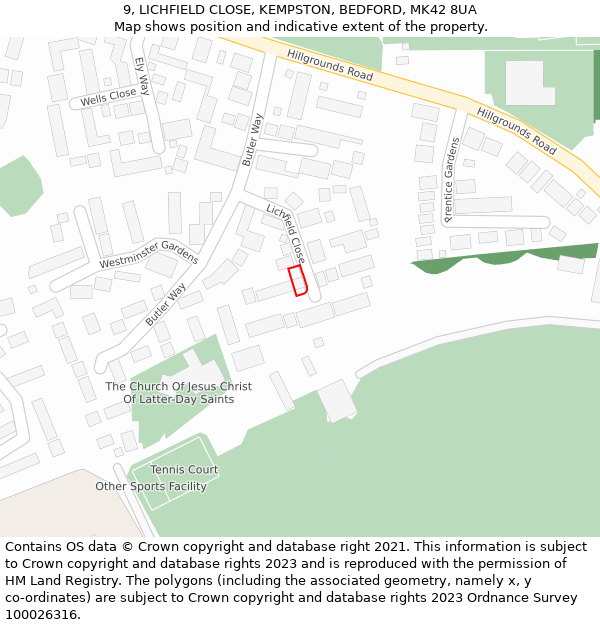 9, LICHFIELD CLOSE, KEMPSTON, BEDFORD, MK42 8UA: Location map and indicative extent of plot